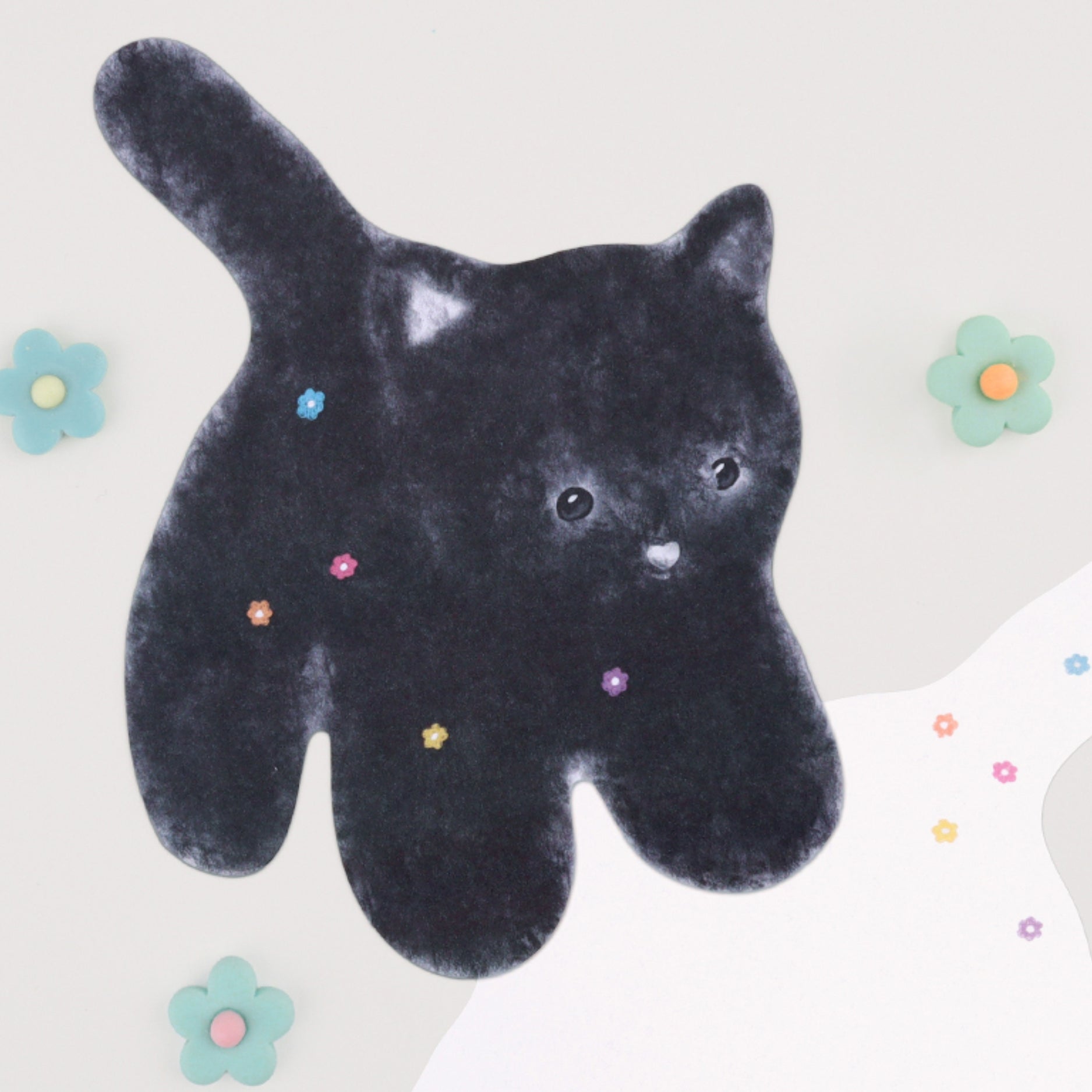 もこもこ型抜きポストカード - 黒ねこ